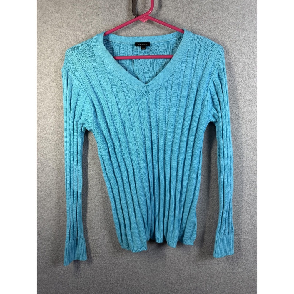 Talbots Sweater Womens XS Blue V Neck Ribbed‎ Knit Long Sleeve Pullover Classic
